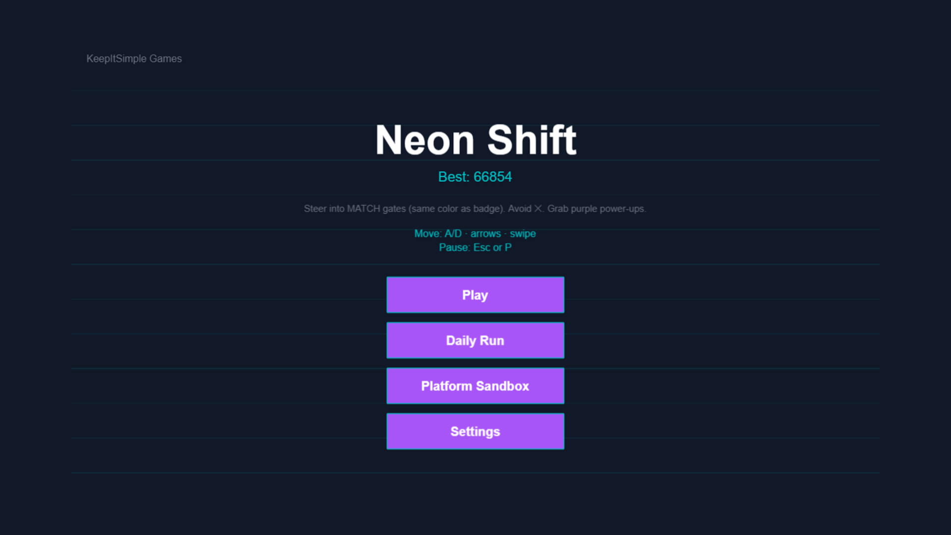 Neon Shift main menu